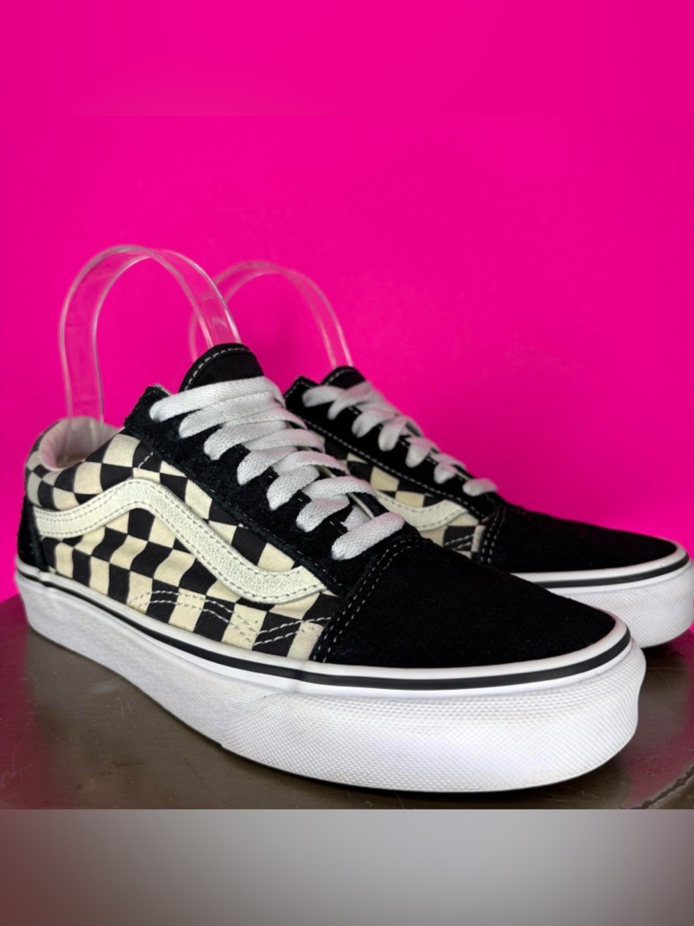 Vans Old Skool Checkerboard Canvas, Black Suede Low Top Sneaker US  6.5